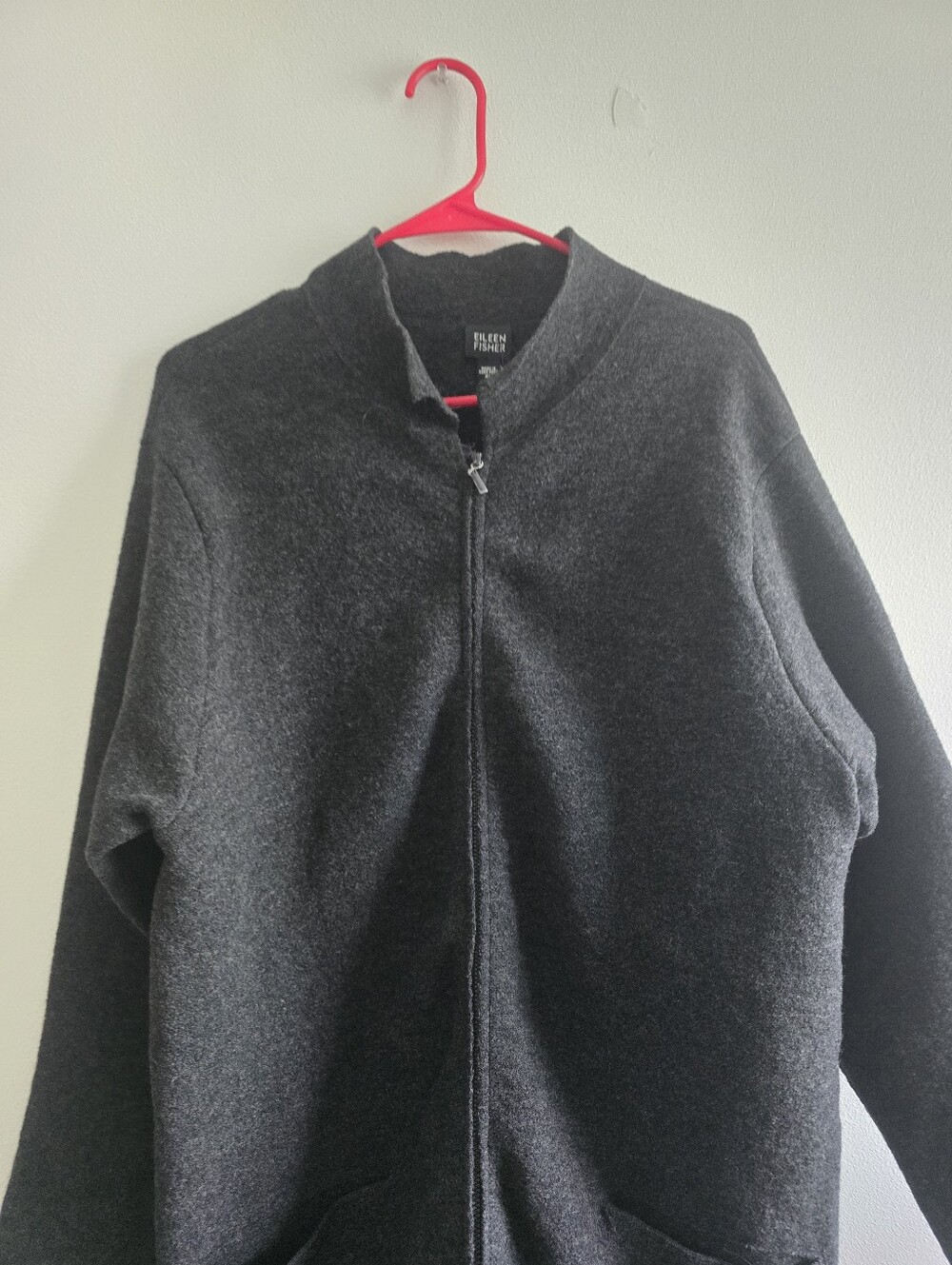 EILEEN FISHER Boiled Wool Full-Zip Stand Collar Long Coat Cardigan Jacket Gray - Picture 4 of 13